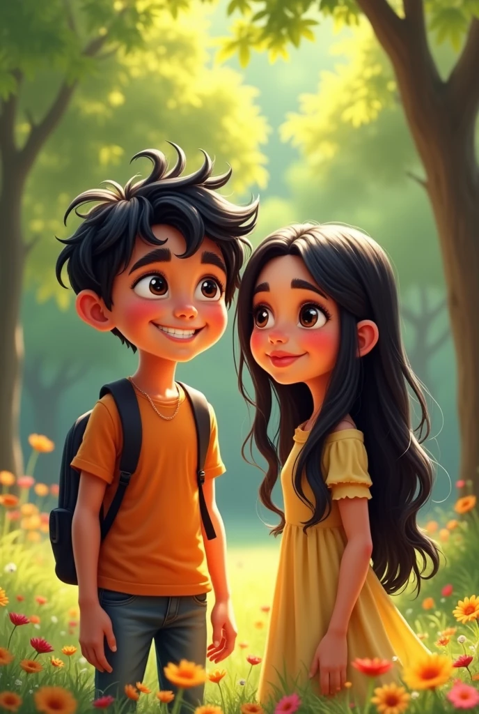 Create a image of a boy name aadil standing with a girl name iqra 