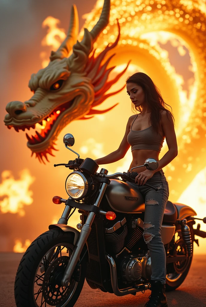 (best quality,4k,highres,masterpiece:1.2),ultra-detailed,(realistic,photorealistic,photo-realistic:1.37),tank top, ripped low-waisted jeans,woman,good figure,sexy,standing,motorbike,golden Chinese dragon,breathing fire,background