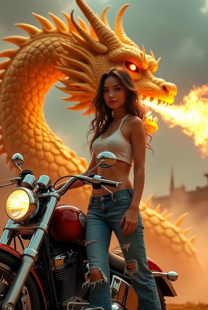 (best quality,4k,highres,masterpiece:1.2),ultra-detailed,(realistic,photorealistic,photo-realistic:1.37),tank top, ripped low-waisted jeans,woman,good figure,sexy,standing,motorbike,golden Chinese dragon,breathing fire,background