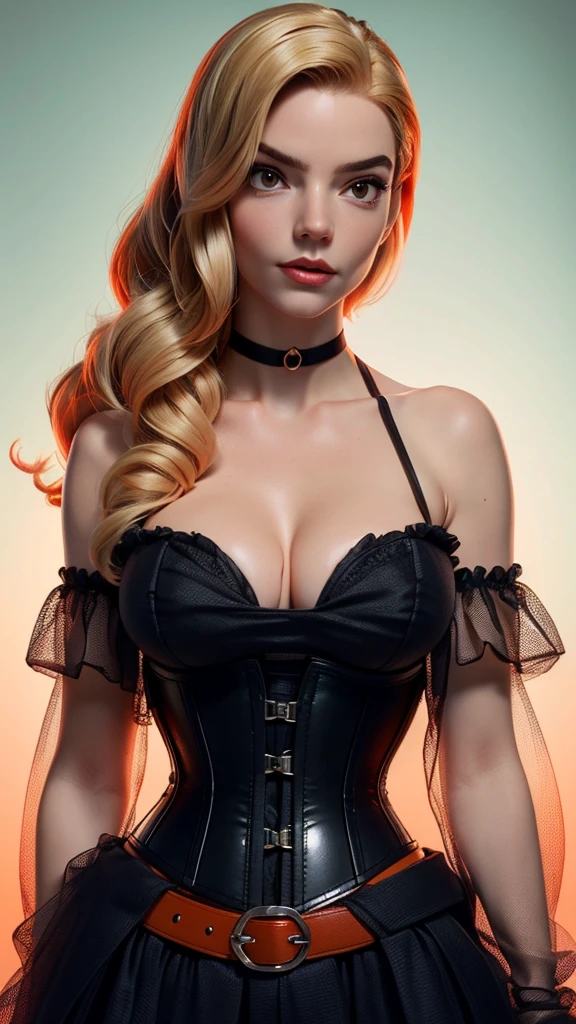 one girl, solo, abs, slender body, (upper body, bust:1.2), (black eyes:1.3), blonde hair, (bare shoulders:1.2), masterpiece, highly detailed, look at viewer, front view, (big breasts, giant breasts, exposed breasts, deep cleavage:1.5), (transparent clothes, corset, choker:1.3), (studio lights, blured background, glowing edges of image, shiny blured orange background, gradient sprayed background, colorful background:1.3), expressing joy, belt, (nipples:0.9)