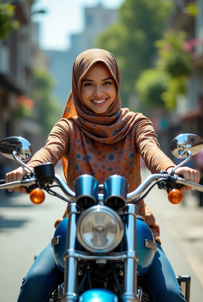 Photography of a beautiful 20 year old Indonesian woman wearing a hijab riding a shiny blue Harley Davidson motorbike 