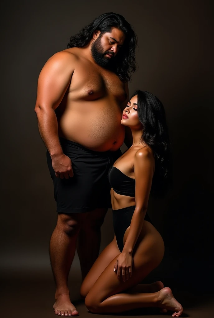 I want a sensual image of a young man, cinnamon skin, black hair, corpulent, shirtless, portrayed against a black background, with a woman kneeling beside him in sensual attire.