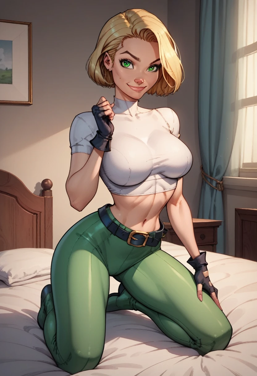 score_9, score_8_up, score_7_up,score_6_up, score_5_up, score_4_up, detailed soft lighting, 1girl, solo, large breasts, AchaseDG, hort hair, blonde hair, green eyes, plain white shirt, black gloves, crop top, green and black pants, belt, fingerless gloves, (tight clothes:1.3), in her bedroom, kneeling, sexy poses, looking at viewer, smile, closed mouth, (masterpiece, best quality, highly detailed, beautiful).