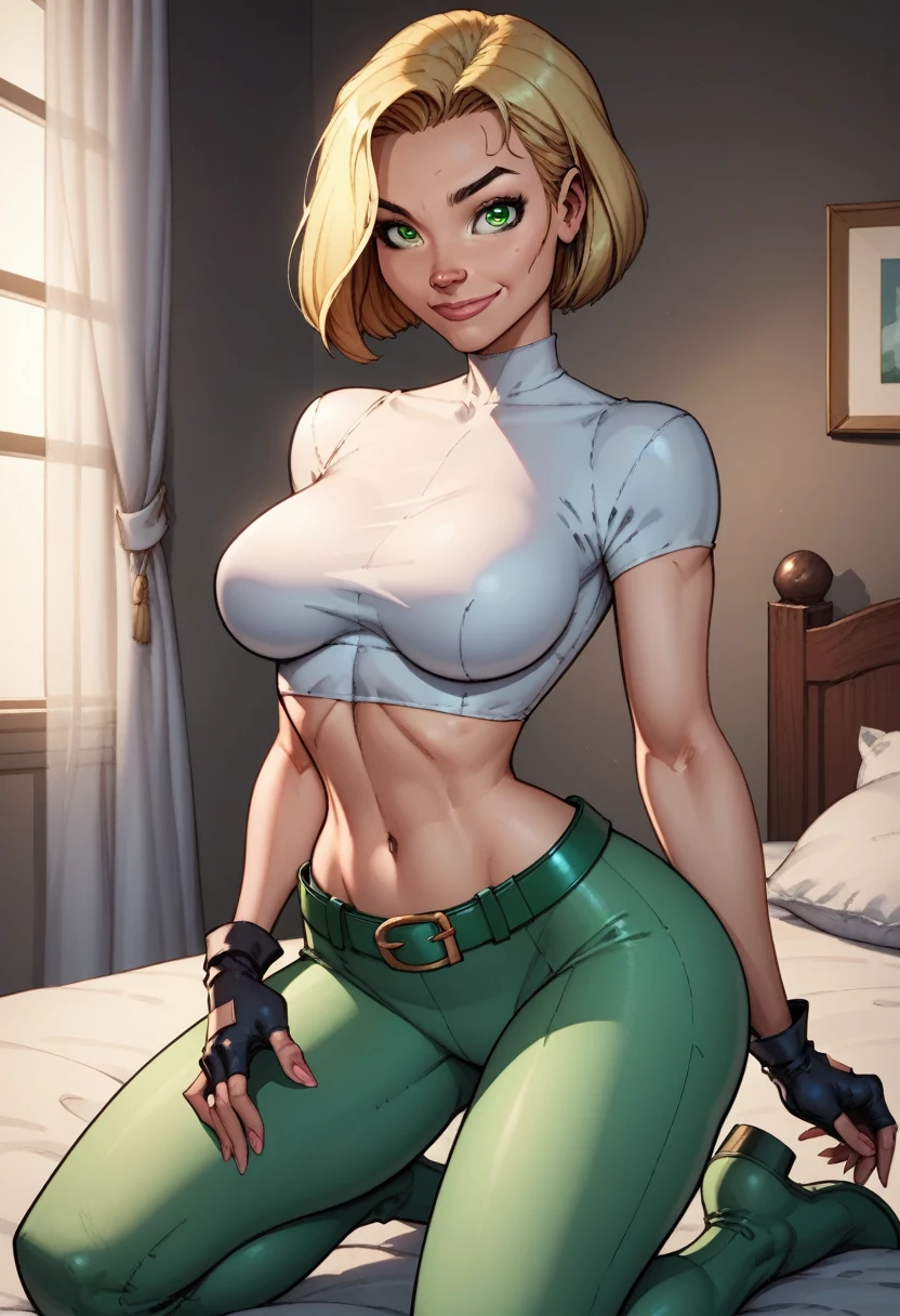 score_9, score_8_up, score_7_up,score_6_up, score_5_up, score_4_up, detailed soft lighting, 1girl, solo, large breasts, AchaseDG, hort hair, blonde hair, green eyes, plain white shirt, black gloves, crop top, green and black pants, belt, fingerless gloves, (tight clothes:1.3), in her bedroom, kneeling, sexy poses, looking at viewer, smile, closed mouth, (masterpiece, best quality, highly detailed, beautiful).