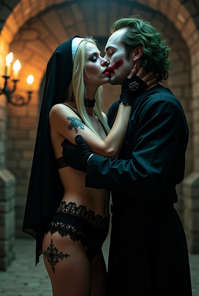 Cinematic image of Harley Quinn dressed as a nun, heavily made up, with black and white lace lingerie hair, tattooed body. She is in a medieval castle dungeon with a chain attached, and the Joker, dressed as a priest, is grabbing her by the neck in a BDSM style.