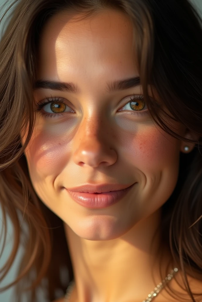 (photorealism:1.2), 1 adult beautiful woman, 20 years old, athletic build, warm, sun-kissed skin tone. Hazel eyes with golden flecks. Has a few freckles on her nose and cheeks. Naturally wavy dark brown hair just past her shoulders. Wearing simple clothes. Close-up of her face, front view of her face, smiling sweetly