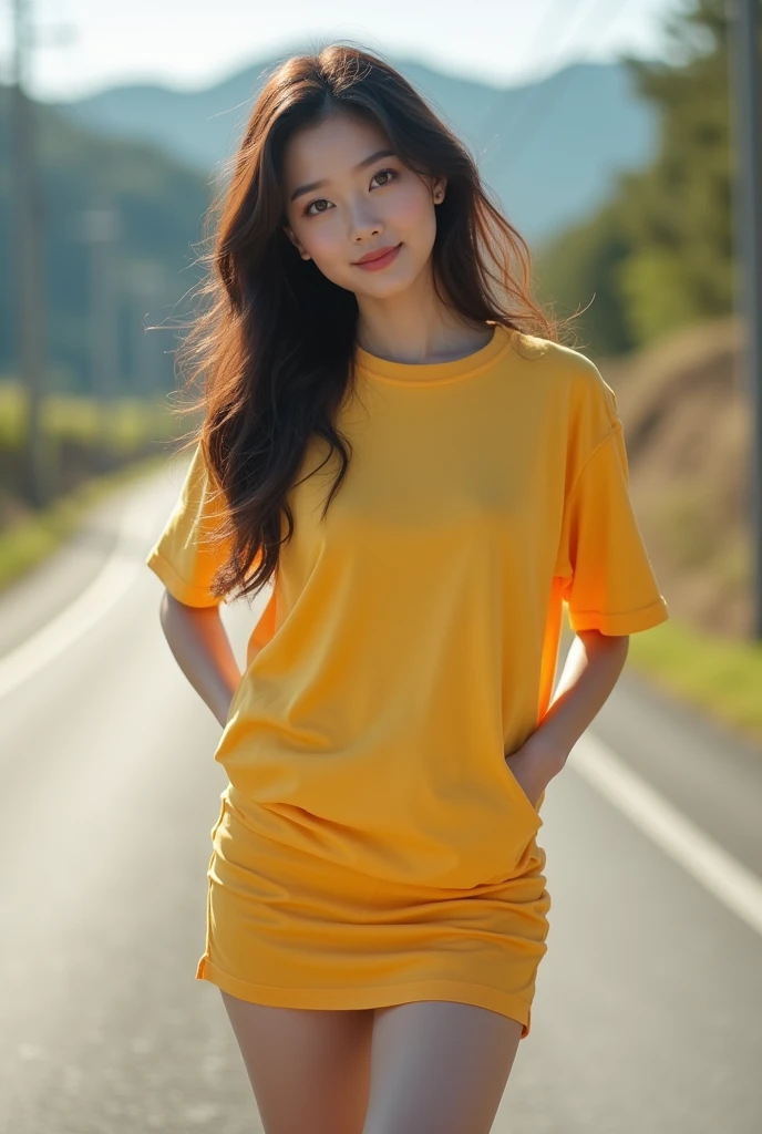 (Highest quality),8k,(masterpiece:1.3),(1 girl:1.3),Beautiful woman with perfect figure:1.4, (Layered Hairstyles, Big Breasts:1.33), ((Displaying the viewer)), (Big smile:1.1)，Realistic,High resolution,Highly detailed face and skin texture, Realistic faces, Original photo, ((Beautiful Face:1.5)) ,Cute Korean, K-Pop Idols，Perfect Body Proportions,Whitening the skin, Glowing Skin, ((Tight waist:1.4)), (Small Ass), (Very slim muscular body:1.2), ((Highly detailed face)),Attention to detail,double eyelid,Eyeshadow Enhancement,Attention to detail,Professional Lighting,Cinema Lighting, (Sharpen the focus), (((Sporty style))), ((Light, Light-colored clothing)),((Brightly colored T-shirts，Short skirt)), ((Vibrant,Active,Liveliness)), ((panties)), ((Exposing your thighs)), (erotic:1.6), (((Short skirt that wraps around the hips)))，on the road