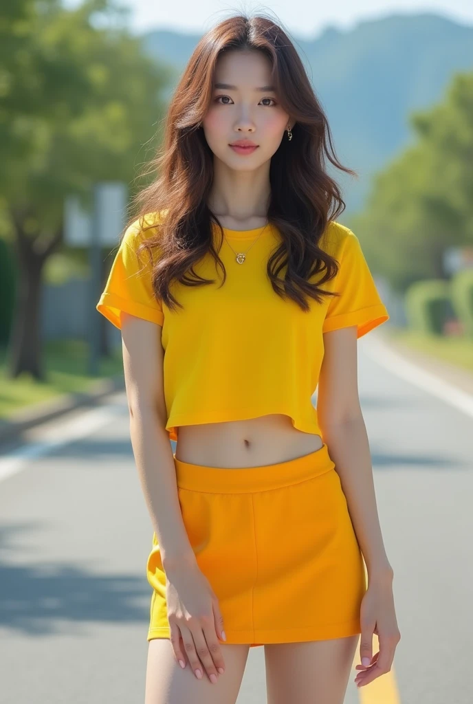 (Highest quality),8k,(masterpiece:1.3),(1 girl:1.3),Beautiful woman with perfect figure:1.4, (Layered Hairstyles, Big Breasts:1.33), ((Displaying the viewer)), (Big smile:1.1),Realistic,High resolution,Highly detailed face and skin texture, Realistic faces, Original photo, ((Beautiful Face:1.5)) ,Cute Korean, K-Pop Idols,Perfect Body Proportions,Whitening the skin, Glowing Skin, ((Tight waist:1.4)), (Small Ass), (Very slim muscular body:1.2), ((Highly detailed face)),Attention to detail,double eyelid,Eyeshadow Enhancement,Attention to detail,Professional Lighting,Cinema Lighting, (Sharpen the focus), (((Sporty style))), ((Light, Light-colored clothing)),((Brightly colored T-shirts,Short skirt)), ((Vibrant,Active,Liveliness)), ((panties)), ((Exposing your thighs)), (erotic:1.6), (((Short skirt that wraps around the hips))),on the road