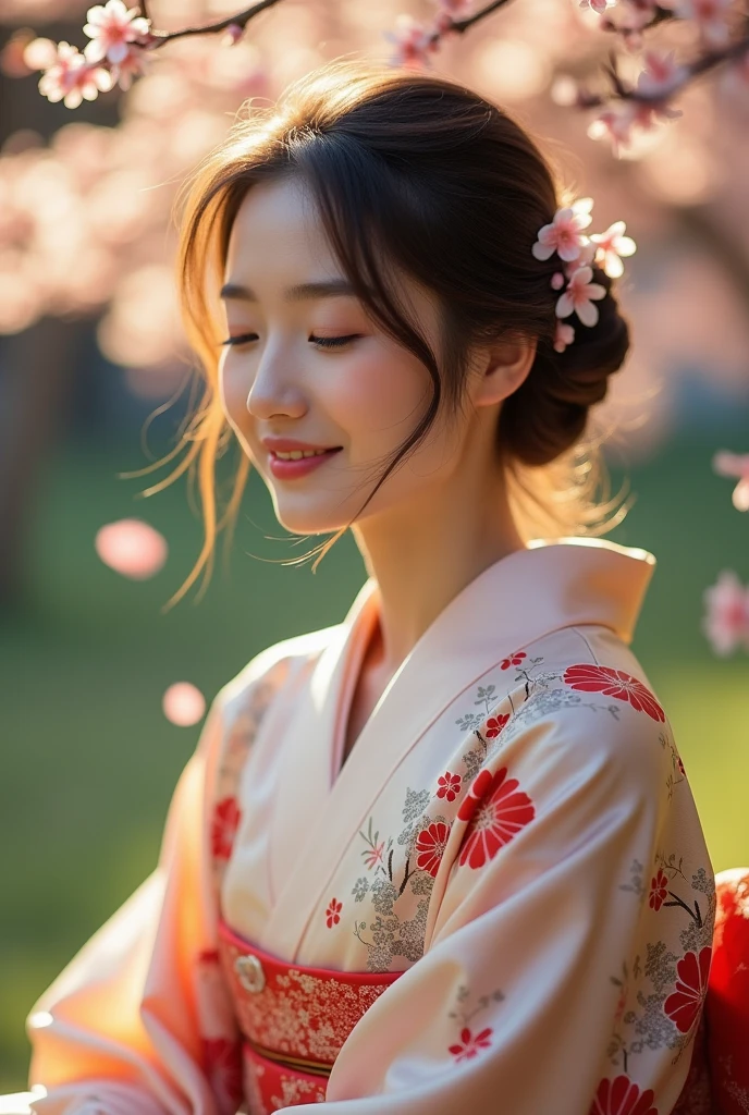 An elegantly dressed Japanese woman in natural light、A close-up of her chest and calm expression.、It shows her inner peace and outer charm.。