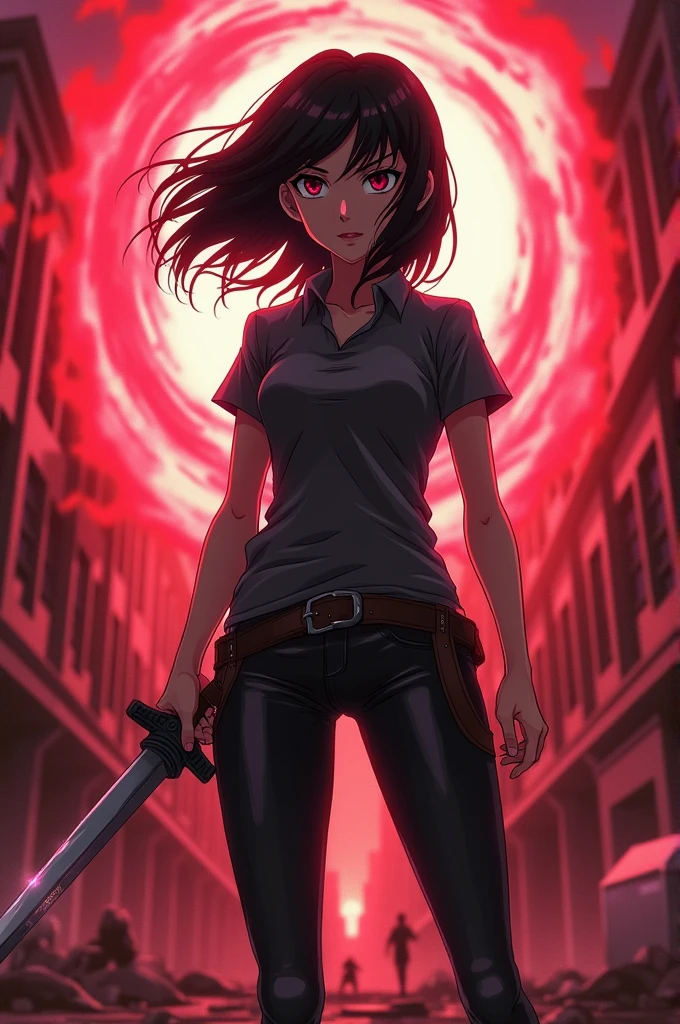 Sixteen-year-old girl from the My Hero Academia world with medium-length black hair, a dark gray shirt, a sword, a blood-red mist, black pants, a villain.