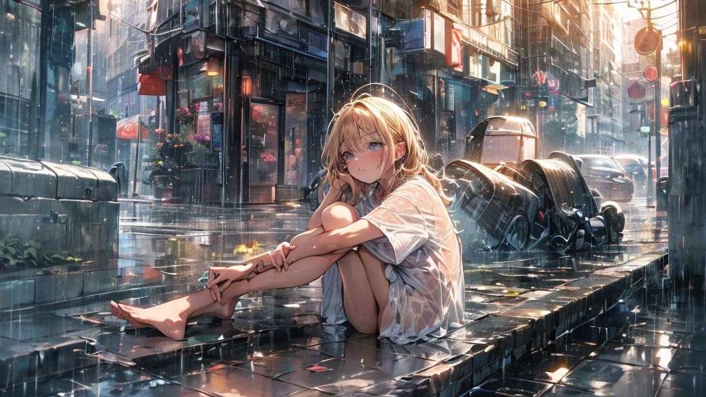 (amazing detail, amazing eyes, masterpiece, best quality:2.0, cinematic lighting:1.5, master quality), ((detailed deep purple eyes)), Purple eyes, 1girl, nighttime, outside, pavement, sidewalk, pouring rain, wet ground, naked except for her teal pyjama shirt, very short caramel-blonde hair, she is sitting on the ground with her bum on the wet floor while hugging her own legs for warmth, she is visibly depressed and pale with illness. The only source of light is the dull amber glow of a modern street light, her clothing sticks to her skin, and her pyjama shirt is made of linen or flannel material, dull non-reflective material, linen, short shirt, revealing shirt, almost naked, barefoot, thick teal pyjama shirt, Pyjama, linen, cotton, dull, sat with he back against a wall, sat cuddling her own knees. 