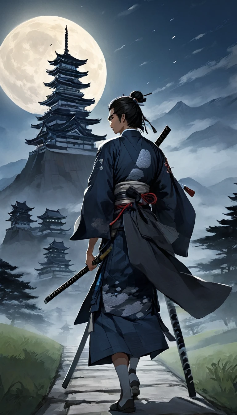A samurai walking slowly under the moonlight, tears streaming down his face as he glances back at the looming castle, each step heavy with emotion, the night air thick with sorrow