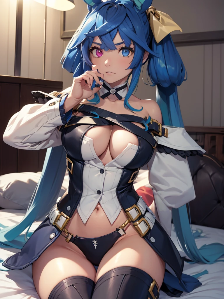 (masterpiece、top-quality、hight resolution、Unity 8k、extremely details CG:1,Best Picture), (yellow hair ribbon), detached sleeves, underwear, thighhighs, thigh strap, choker, belt, tail, tail ornament, bare shoulders, navel, Twin_Turbo_Umamusume, aqua hair, twintails, ((heterochromia, purple eyes, blue eyes, horse ears, horse girl)), sharp teeth, A woman sits on a bed and looks at the protagonist with a dry expression. The setting is a pornographic video shoot, with the spotlight shining only on the bed. From the protagonist's point of view, love turned into work is depicted. 'Hmm? Ah, the next guy. Come here. Let's have sex.’, nsfw