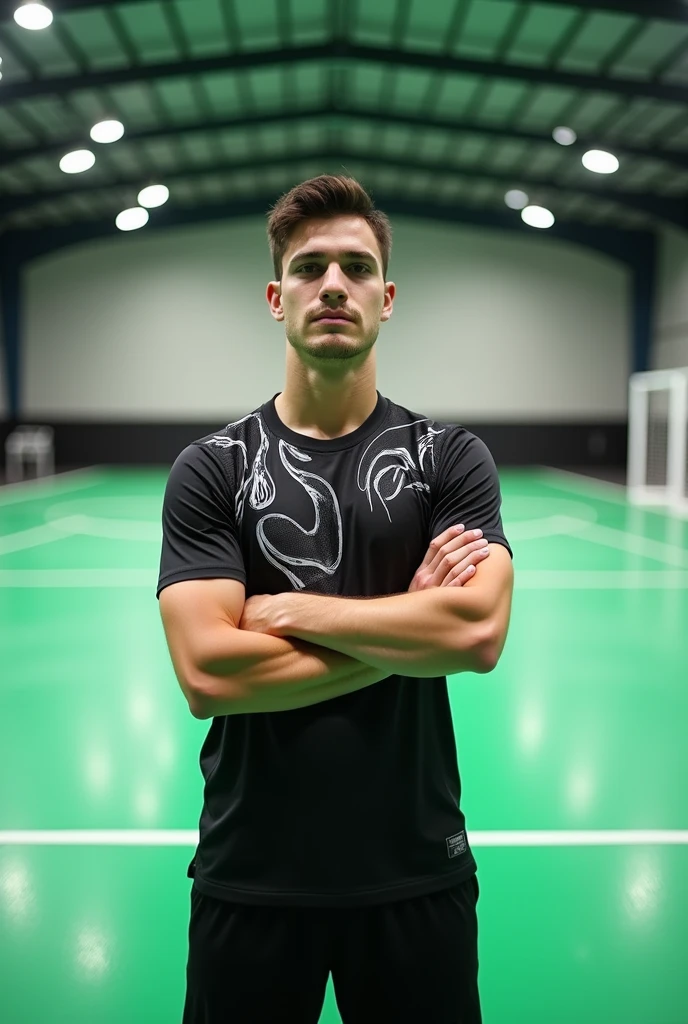 Make me a picture of a young man standing in the middle of an empty and closed futsal practice field, with folded arms pose, on the simple futsal field, camera angle from slightly above the right side, wearing a black futsal jersey with white patterns 