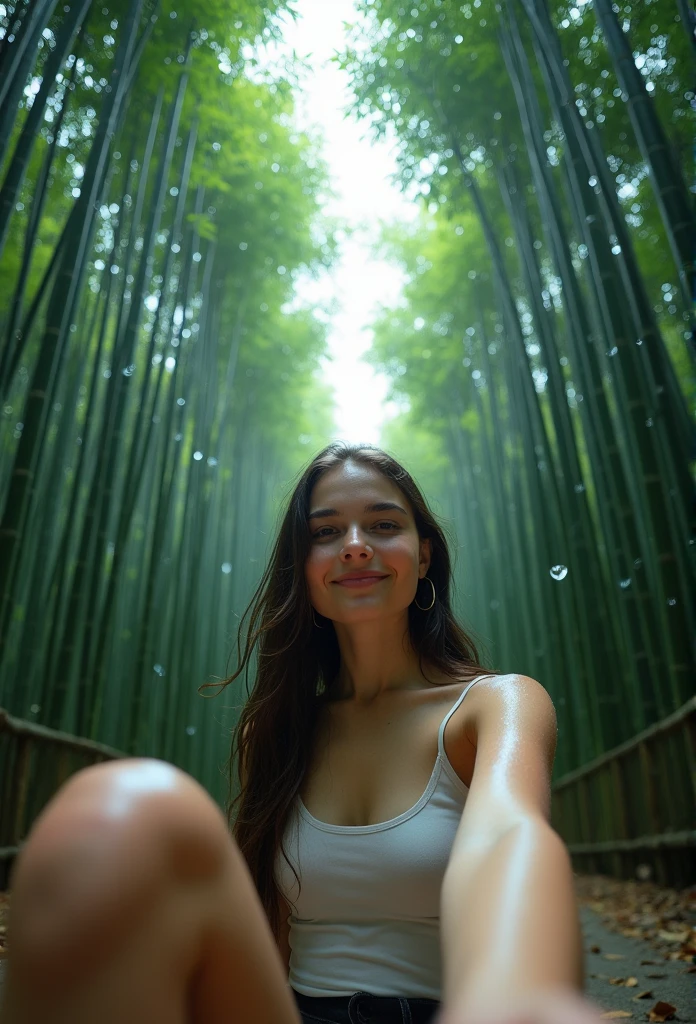 (surreal, masterpiece), vivid, dynamic angle, rainy day, vivid transparent raindrops, lush bamboo forest without path, (attractive model, white skin, delicate beautiful face, 17 year old caucasian girl), sitting pose, selfie from below, close-up, joy, clouds in the sky, vivid image quality, clear image quality, celestial energy in the atmosphere,