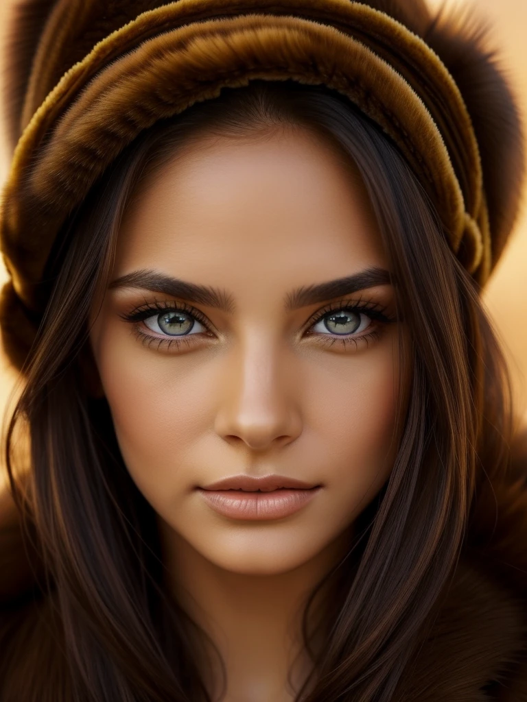 there is a woman that is wearing a fur coat and a ring, beautiful eyes and face, beautiful brown eyes, focused amber eyes, honey - colored eyes, beautiful eyes, deep and charming eyes, bright brown eyes, beautiful confident eyes, extreamly beautiful eyes, bright soulful eyes, stunning eyes, {perfect eyes}, beautiful open eyes, beautifull lovely eyes.