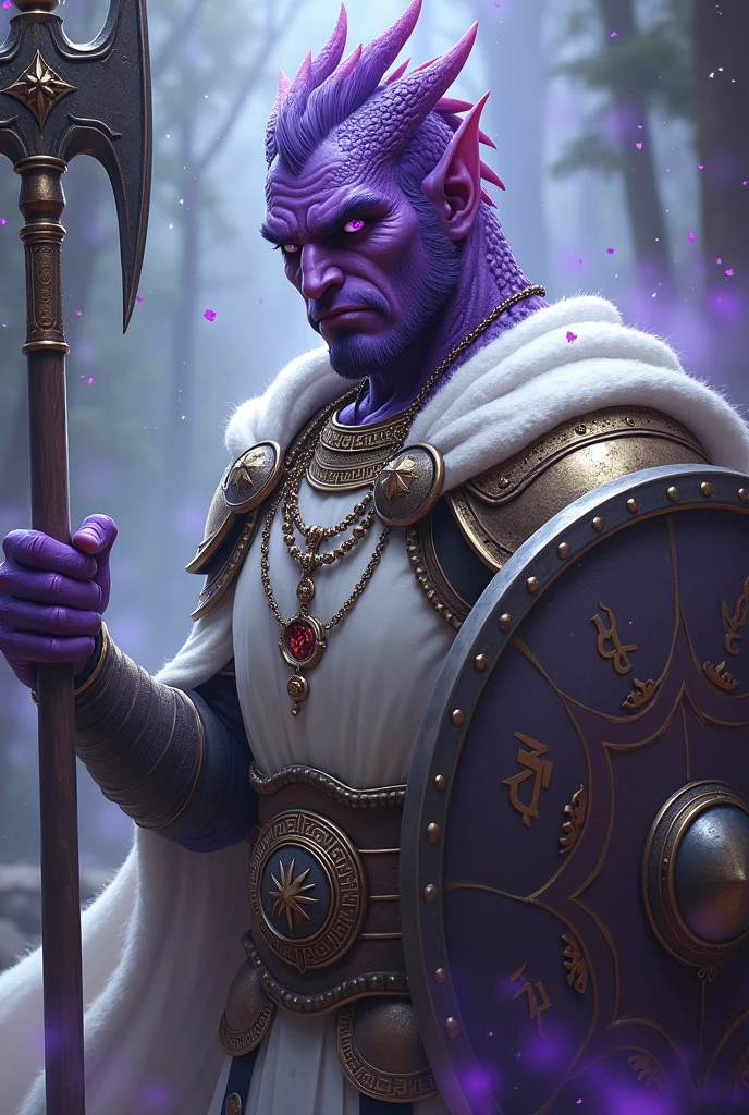 dnd, dungeons and dragons, dragonborn, portrait, solo, single person, amethyst skin, handsome, male, smirking, white chain mail armor, flail, shield, ((masterpiece, best quality)), artwork trending on artstation