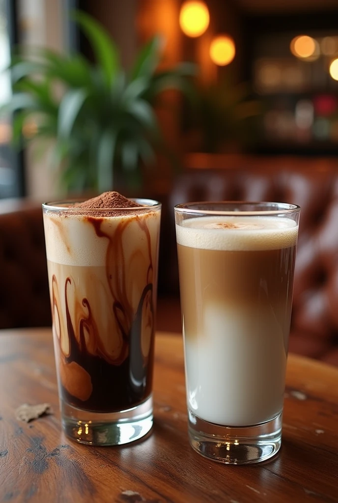 (photorealism:1.2), 2 glass of coffee, one is mocha coffee another is milk coffee