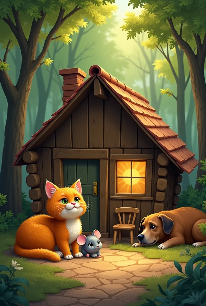 "In a cozy cabin nestled deep in the woods, a cat named Whiskers, a mouse named Squeaky, and a dog named Barkley lived together in an unlikely friendship."
A small, rustic cabin surrounded by dense trees in a deep forest. Inside, a friendly cat, a tiny mouse, and a loyal dog sit close together, symbolizing their unlikely bond.