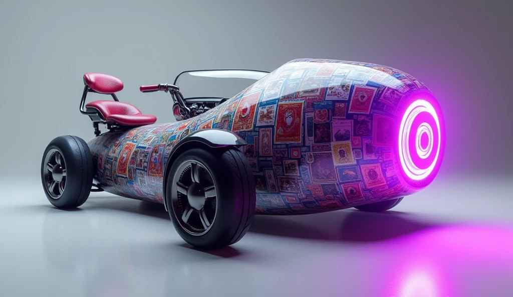 There is a modified riding car，Its three parts have different styles，And they are connected together，The part on the right side of the car, the head, is a pixel-style purple neon cyberpunk style maglev motorcycle part，The body of the car in the middle is a 3D realistic super clear display style motorcycle part，The car seat on the left side of the car is a bicycle in the style of slightly yellowish old stamps，This is a car assembled from the parts of three different cars，It's like traveling through time，Three styles occupy one third of the picture respectively，Do not interfere with each other，The car is driving to the right，The whole picture has no living things，All of them are connected together，Each part is connected together，Proportion 「16:9」