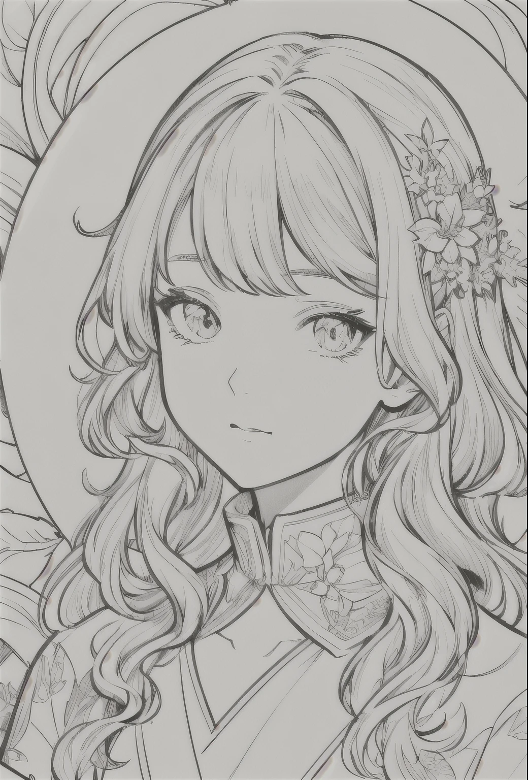 European woman face portrait、Long Curly Hair、blonde、Floral frame、Decorative panel、Abstract Art of Alphonse Mucha、sketch、Character Line、Scenes without color or shadows。 (masterpiece、Highest quality、High resolution:1.4)、detailed、複雑なdetailed、4K、Splashes of color、Line art、Fibonacci、Coloring page, 非常にdetailedなイラスト, 非常にdetailedなLine art, Very fine line work, 非常にdetailedな肖像画, Extremely fine line work, 非常にdetailedなLine art, 非常にdetailedな図面, Line artぬり絵, 非常にdetailedなイラスト.", 非常にdetailedな肖像画, 非常にdetailedなイラスト, 非常にdetailedなアートワーク, detailedなデジタル図面