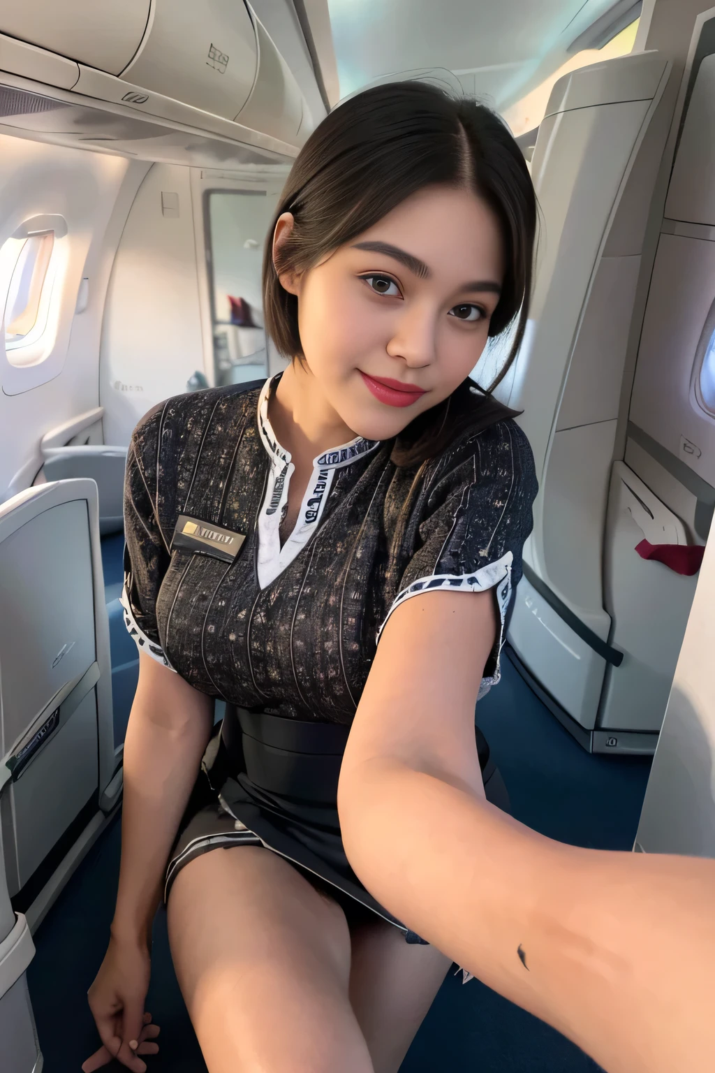 1beautiful womanl, 28years、hyperdetailed face、Detailed lips、A detailed eye、double eyelid、(Black bob hair、Smiling while walking gracefully down the aisle)、(Stewardess uniform:1.2)、((mini skirt:1.5)) (Glamorous body)、(Colossal tits)、（large full breasts）（big butts）（Plump body）（plump body shape）（ large full breasts）（Colossal tits）((J-Cup))、highs thighs thighs thighs, Perfect fit, Perfect image realism, Background with: (Business Class aisle on airplanes:1.2), Cowboy Shot, Meticulous background, detailed costume, Perfect litthing、Hyper-Realism、(Photorealsitic:1.4)、8K maximum resolution, (​masterpiece), ighly detailed, Professional