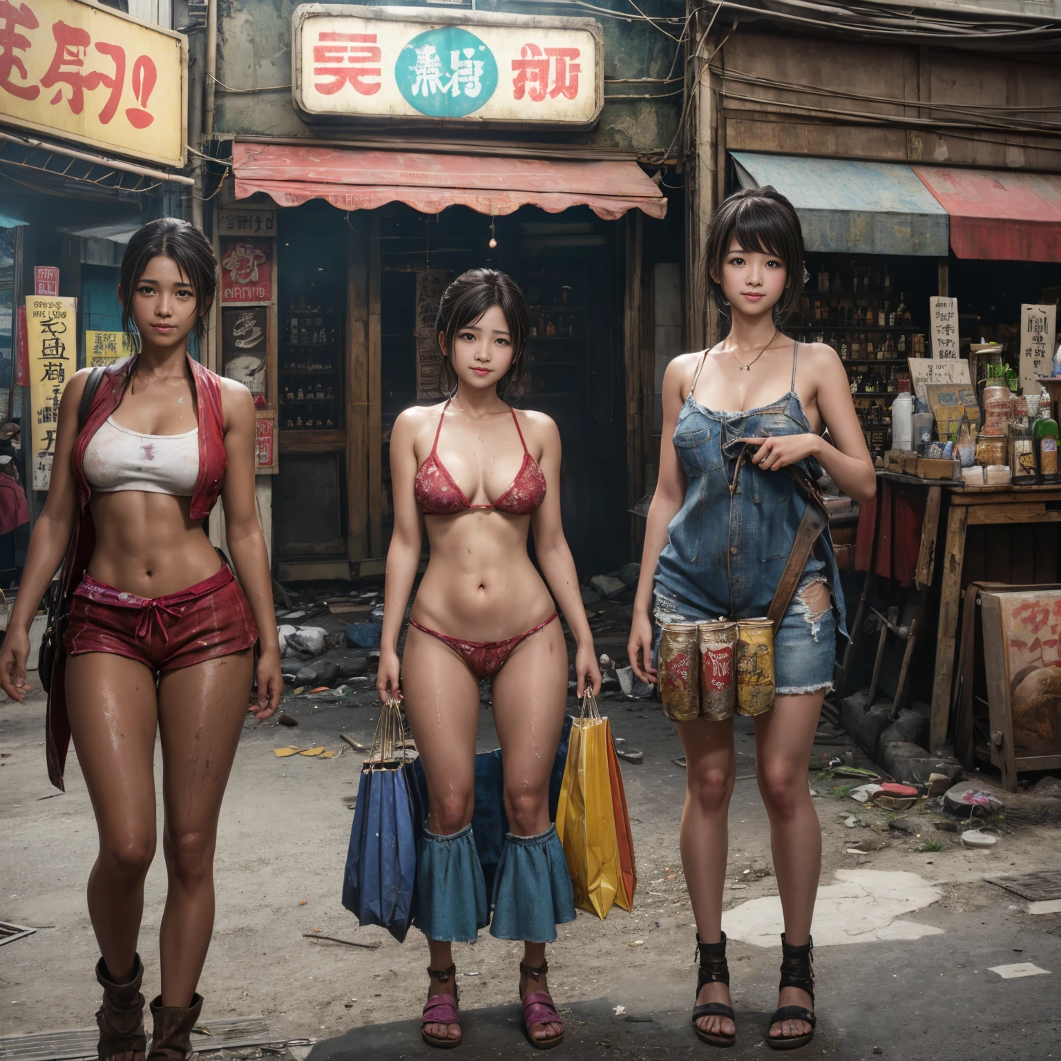 ((masterpiece、Highest quality))、Beautiful girls gather.、Three girls in summer clothes、(Detailed and cute face:1.3)、(Poor conditions、Dim and unsanitary、Standing Bar、みんなで楽しくdiet、Crumbling underground shopping mall、Showa Retro)、(tits:0.6、Pussy:0.6)、屋台のdiet店、stage、sewage、Dirty shop、street vendors、Unsanitary and abandoned city、smile、diet、Poor person々