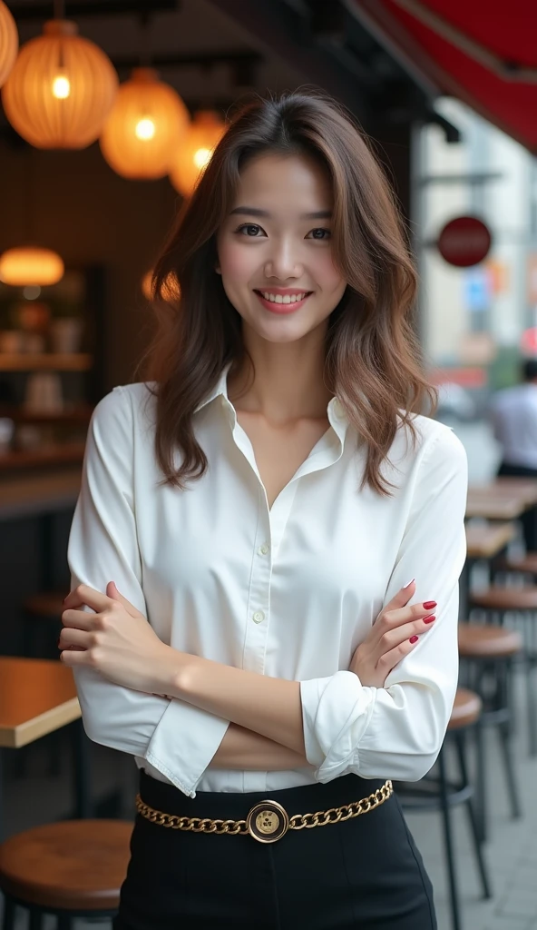 Tabletop、Highest quality、Genuine、Very detailed、finely、High resolution、8k wallpaper、One beautiful woman、light brown disheveled hair、Sharp focus、Perfect dynamic composition、Beautiful and detailed、Thinning hair、詳細なGenuineな肌の質感、smile、Close-up portrait、Model body type、smile、29-year-old Japanese woman、A long-sleeved white button-down shirt、Black Skirt、a gold chain belt、necklace,White Tote Bag,Chest-length straight long hair, Center of chest, Natural color lip, Random sexy poses,In front of a cafe near Tokyo Station,Front image、The whole body is shown from head to toe,Anatomically correct body