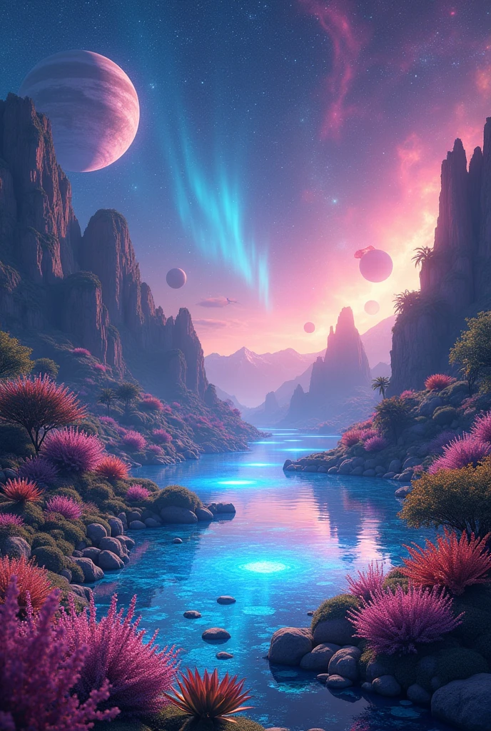 Imagine a vast floating garden in space, surrounded by colorful nebulae and bright stars. The starry crystal floor reflects constellations, and in the center, a luminescent lake acts as a cosmic mirror. Luminous plants and flowers emit an ethereal glow, while fantastic creatures like light butterflies and cosmic steam dragons wander the garden. Heaven, Filled with vibrant auroras and comets, complemented by floating crystal sculptures and fragments of broken planets, creating a magical and fascinating atmosphere.