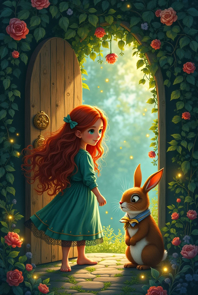 A girl turned the knob and stepped through the door. To her amazement, she found herself in a magical garden full of talking animals and glowing flowers.