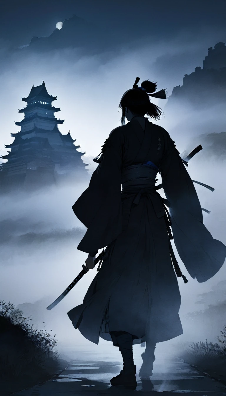 A samurai wiping tears from his eyes while moving forward, his silhouette cutting through the misty night, the castle fading into the background as he walks away, burdened by grief.