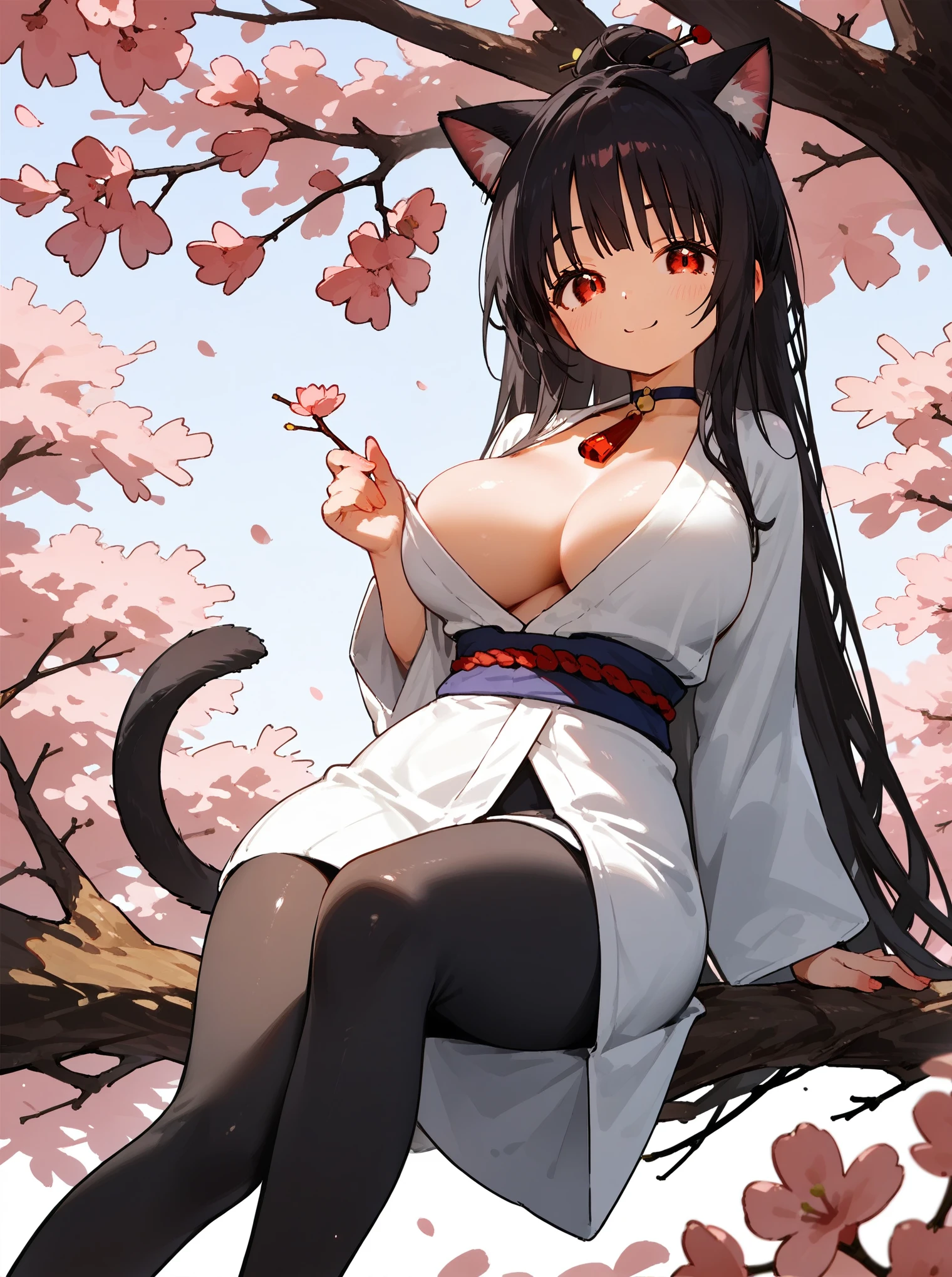 ((junkotvvxl, long hair, dark hair, Bunches , cat ears, red eyes, (big breasts))) score 9, score 8 up, score 7 up, rating questionable,
detailed background,
junkotvvxl,
wide hips, shiny skin,
tree, sitting on branch, open eyes, smile, cherry blossom, looking at viewer, light blush, Kunoichi