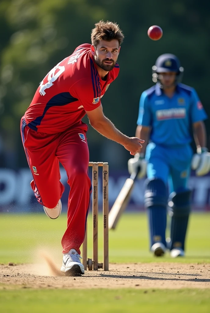 A thrilling cricket scene captures the intensity of a perfect yorker delivery. A bowler in a red jersey with the number 34 focuses on the target as he runs towards the batsman, moments away from releasing the ball. The batsman, donning a blue jersey and helmet, stands with a steady stance, unaware of the precision about to challenge him. The ball, expertly pitched, aims for the base of the stumps, bypassing the bat and striking the ground with force. The aftermath reveals the shattered stumps, the ball resting triumphantly atop them, and the defeated batsman kneeling, highlighting the exceptional skill and accuracy of this legendary yorker. The top of image bold-text "Best Yorkers in Cricket HISTORY" 