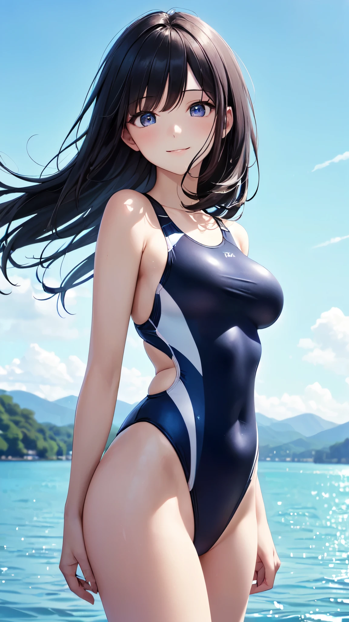 ((masterpiece,best quality,ultra detailed,high resolution)),(daytime,clear weather,front light),((solo,beautiful-woman)),(black hair,straight hair,himecut),(beautiful detailed face,beautiful detailed eyes),(finely detailed skin,fair skin),slender,light smile,(navy competition swimsuit),(on the beautiful lake,beautiful sky),(medium breast,perky breast),