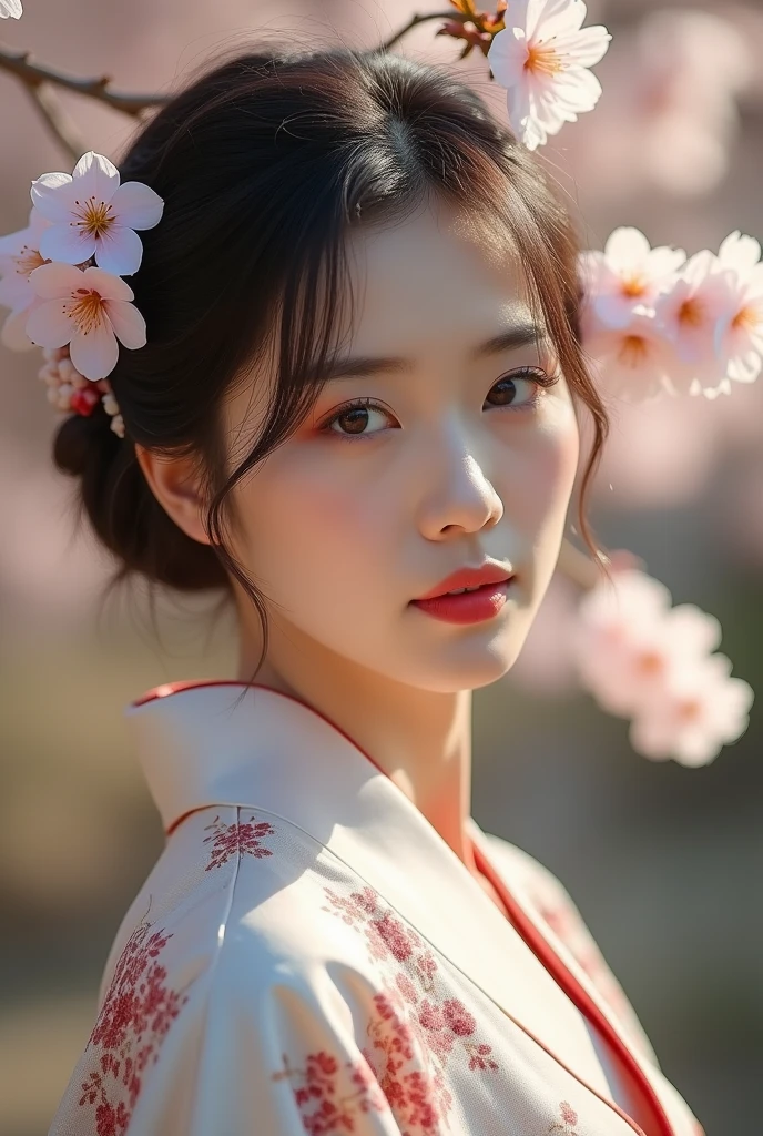 An elegantly dressed Japanese woman in natural light、A close-up of her chest and calm expression.、It shows her inner peace and outer charm.。