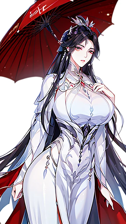 1 Woman, mature, High (1.85 cm), looks about 35 years old, has long black hair, straight and shiny, tied in the Chinese Taoist style, majestic black eyes, Extremely detailed eyes, perfect eyes, đôi mắt cực kỳ thực tế, balanced eyes, Long eyelashes, Anime style, perfect face, milf face, full red lips, mature, smooth white skin, natural body, sexy body, milf body, Perfect hands, detailed hands, arms in proportion to the body, đôi tay thực tế, arm with good anatomy, She was wearing only a red Chinese style dress decorated with gold and silver with phoenix motifs woven into the dress but still could not hide her extremely large and gigantic breasts., very big breasts, four hands can lift,breasts sag due to their size, thick thighs, wide hips, look at the viewer, The background is a Chinese-style pavilion., pose alone, look at the viewer.