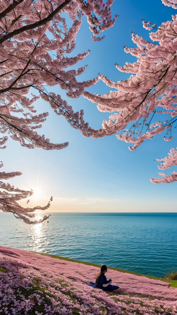 One person, Floating Hair, Seaside,景color,landscape,cherry blossoms, Falling petals, Sunbeam,God's Rays,color,A lace dress with delicate details,High Contrast、Photon Mapping