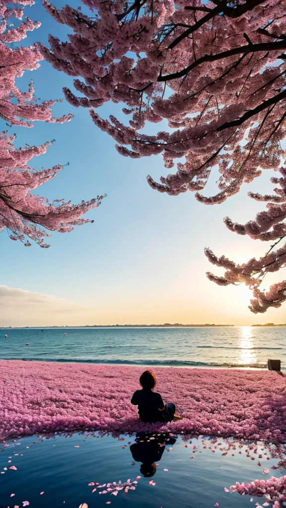 One person, Floating Hair, Seaside,景color,landscape,cherry blossoms, Falling petals, Sunbeam,God's Rays,color,A lace dress with delicate details,High Contrast、Photon Mapping