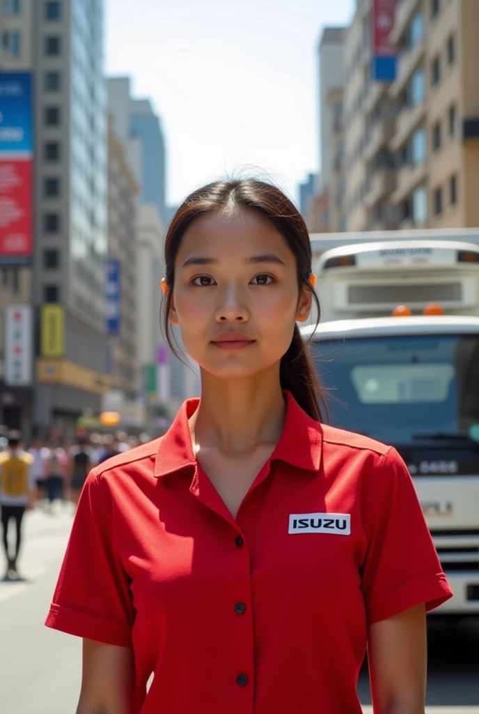 A photo of a delivery worker wearing a red shirt with the Isuzu LOGO on the right side of the shirt.