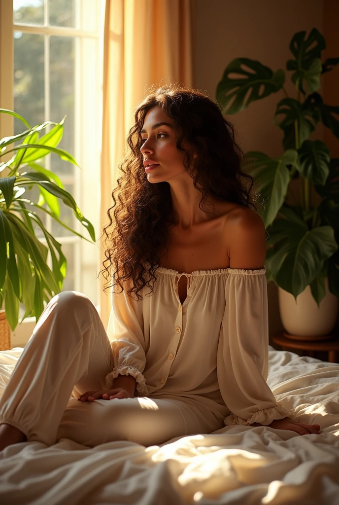(photorealism:1.2), beautiful woman, sitting on bed, wearing loose off-shoulder top, pajama pants, long curly hair, indoors, soft lighting, plants in background, window with sunlight, cozy room, relaxed pose, realistic, intricate details, warm colors, by Greg Rutkowski, by Alphonse Mucha