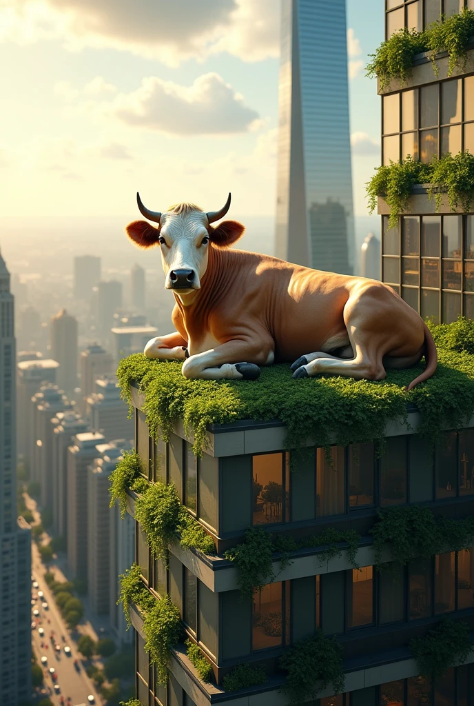 A cow sitting on building 