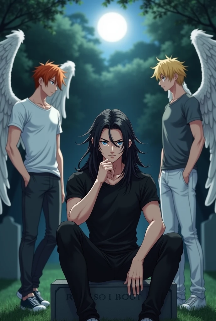 In the middle is a guy with long black hair, gray eyes, Beautiful face, beautiful body, black T-shirt, black trousers, sadly, sitting in a graveyard in front of a headstone. There is a guy sitting on the right, blond, Beautiful, Pumped up body, in a gray shirt and white pants with large angel wings and brown eyes. On the left sits a guy with orange hair, in a white T-shirt and dark gray pants, Blue eyes, Large angel wings. anime art, masterpiece, realistically, super detail, Hand detailing, Detailing of faces