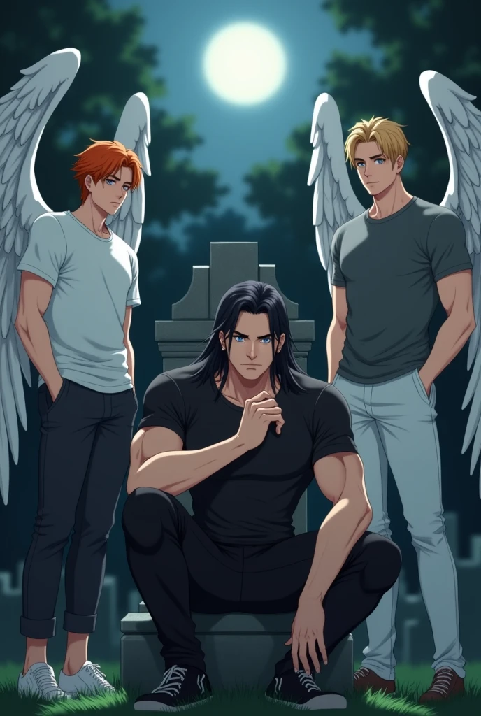 In the middle is a guy with long black hair, gray eyes, Beautiful face, beautiful body, black T-shirt, black trousers, sadly, sitting in a graveyard in front of a headstone. There is a guy sitting on the right, blond, Beautiful, Pumped up body, in a gray shirt and white pants with large angel wings and brown eyes. On the left sits a guy with orange hair, in a white T-shirt and dark gray pants, Blue eyes, Large angel wings. anime art, masterpiece, realistically, super detail, Hand detailing, Detailing of faces
