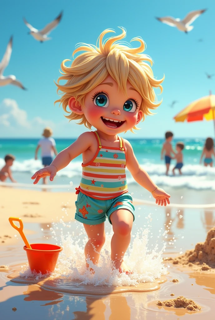 A wet child on the beach