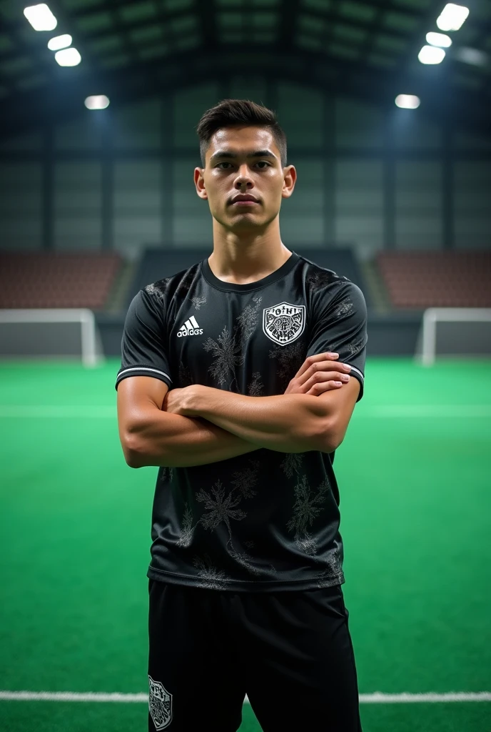 Make me a picture of a young man standing in the middle of an empty and closed futsal practice field, with folded arms pose, on the simple futsal field, camera angle from slightly above the right side, wearing a black futsal jersey with white patterns