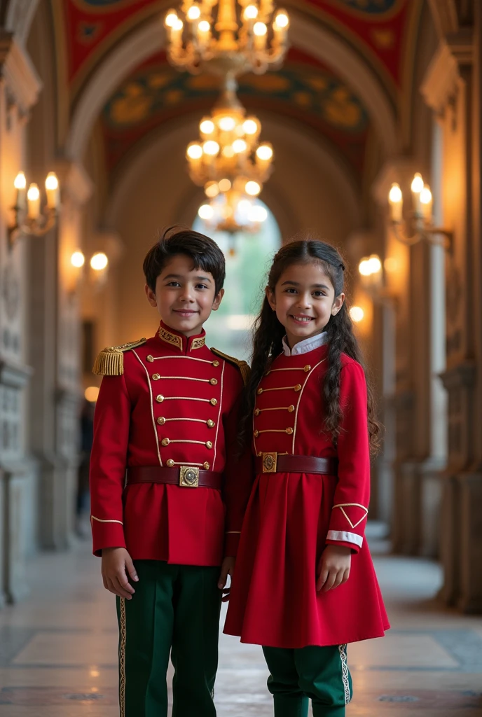 Mexican boy and girl wearing a red Mexican military uniform, White and green, inside Chapultepec Castle with a Harry Potter-style setting