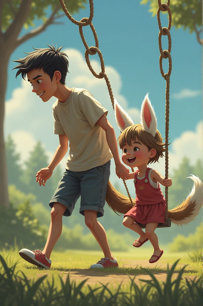 A short-haired, half-beast girl of about 5 years old with white dog ears and a tall man of about 27 years old with short black hair and handsome features is pushing the girl&#39;s back and playing happily on the swings. She has a dog&#39;s tail growing out of her buttocks.