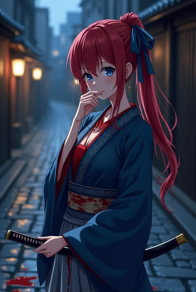 An anime Japanese woman in a kimono, with blue eyes, red hair in a long ponytail, gray hakama, and a blue outfit. She has a katana on her left hip and large breasts. She has a blue ribbon in her hair. It is night, and the street in Kyoto is very dark. She is in the middle of killing, covered in blood pouring down her body like a waterfall. Her face is down, and she is biting her lower lip. Her eyes are devoid of light. She is standing.