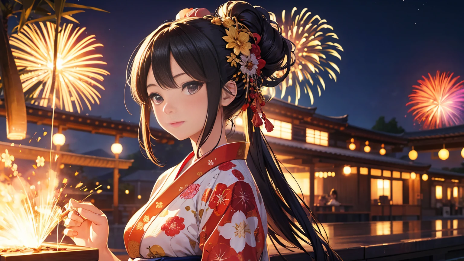 firework、Summer festival、Illustration of a beautiful girl in a yukata., 8K Ultra HD, RAW Photos, Digital Painting, Super detailed, Golden Ratio