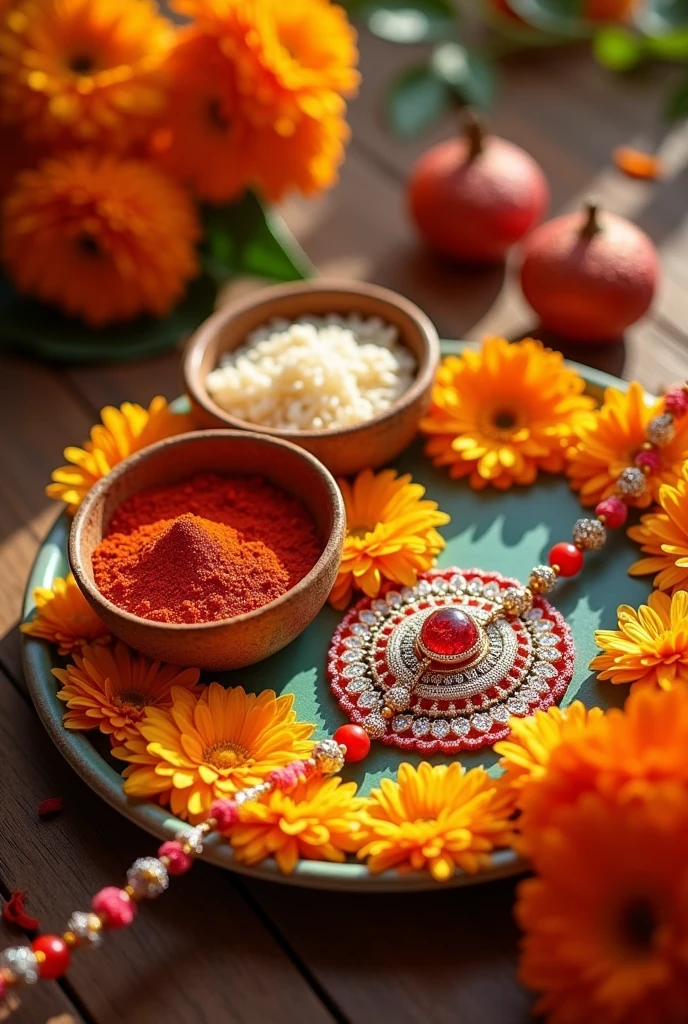 A plate of rakhi for raksha Bandhan with flowers , sindoor and rice